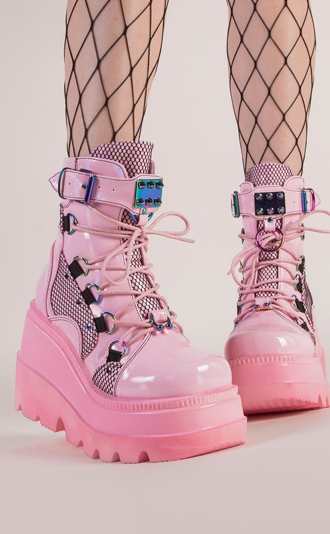 SHAKER-60 Baby Pink Vegan Lace Up Boots-Demonia-Tragic Beautiful